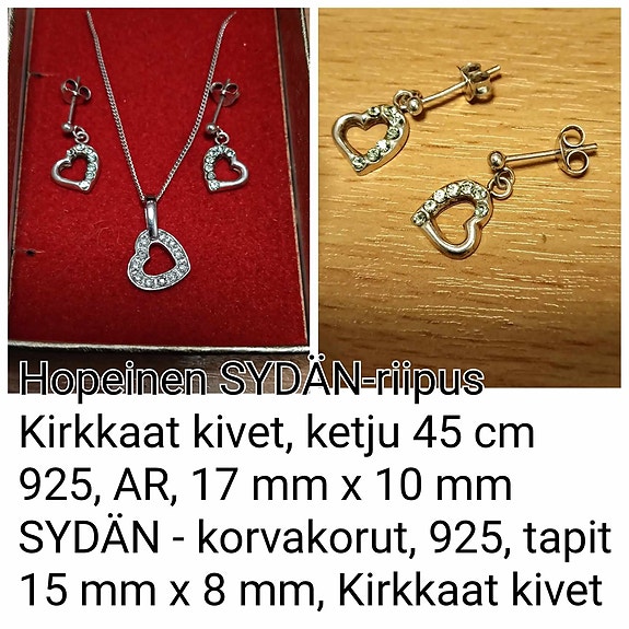 Kirkaskivinen SYDÄN -korusetti, hopeinen, yhdessä tai erikseen, rasia mukaan