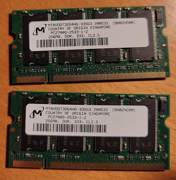 Micron 256MB DDR-333 MT8VDDT3264HG-335G3 SODIMM PC2700 NON-ECC 2 kpl
