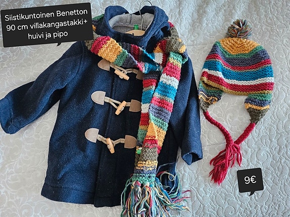 Benetton 90 cm villakangastakki + huivi + pipo