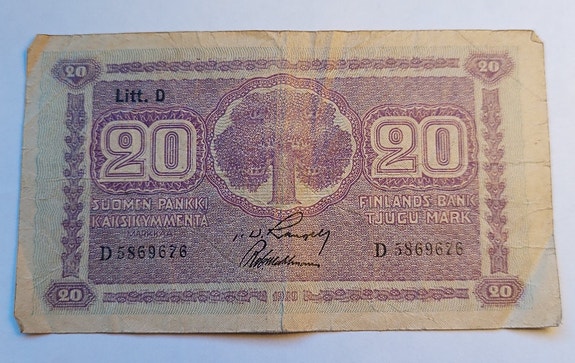 Suomi Finland 20 markkaa 1939 seteli banknote