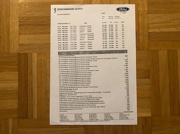 Hinnasto Ford Mondeo mk3 vuodelta 2005