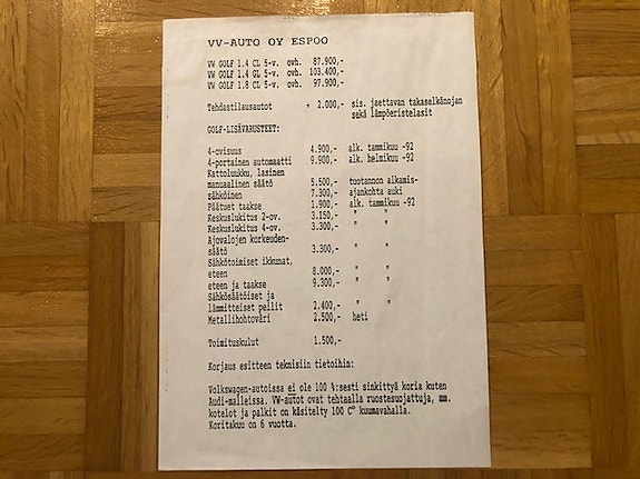Hinnasto Volkswagen Golf mk3 vuodelta 1992. VW VAG Esite