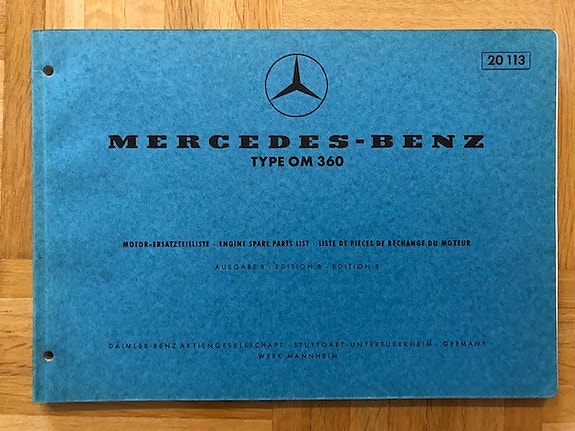 Varaosaluettelo Mercedes moottori OM 360 kuorma-auto vuodelta 1969 OM360