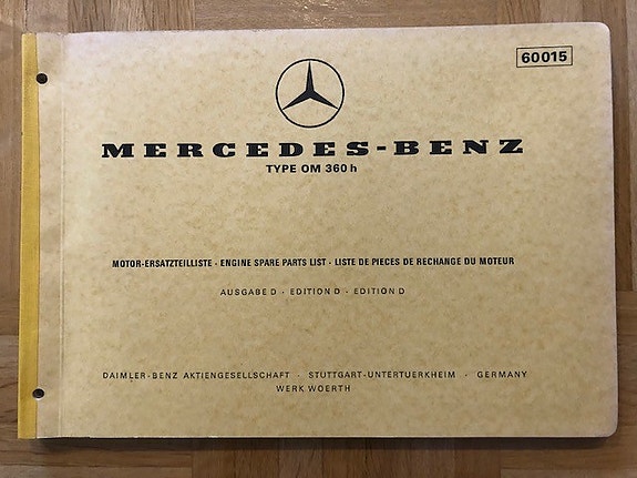 Varaosaluettelo Mercedes-Benz moottori OM 360 h kuorma-auto vuodelta 1973, OM360