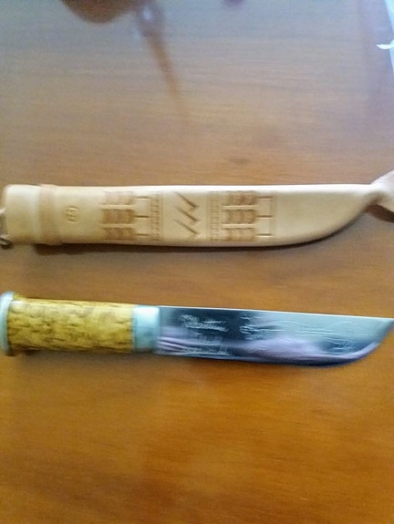 Lapinleuku puukko, J. Marttiini Finland 26cm pitkä nahkatupilla