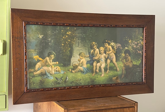 Noin 100v vanha suuri upea putto-aiheinen taulu vintage