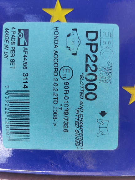 EBC DP2200 ja DP21987 jarrupalat Honda Accord 2.0/2.2 i-DTEC 2008–