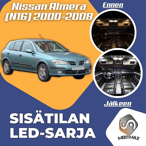 Nissan Almera (N16) Sisätilan LED -muutossarja – 12 kpl – Plug & Play
