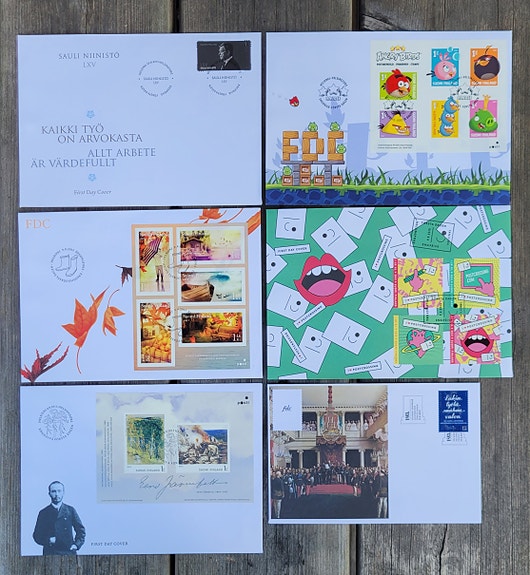 FDC 2013: mm. Angry Birds;Syksyn merkit;Postcrossing;Valtiopäivät 150v