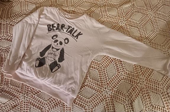 Vintage, kääntöpusero/paita, panda-karhu, arvio koosta, topattu, pinkki