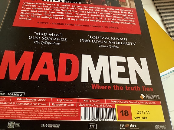 MADMEN kausi 3  4disc pox.  6xEmmy ja Golden Globe