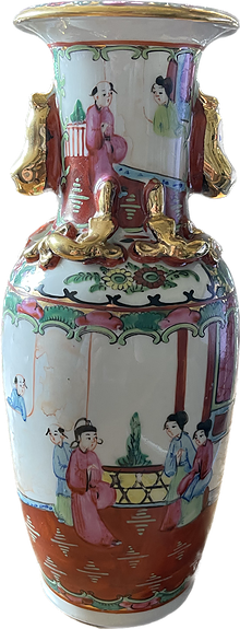 Japanilainen/Kiinalainen posliini maljakko 8" Vintage Ihmiset Kukat Linnut Vanha