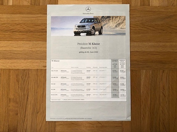 Hinnasto ja lisävarusteet Mercedes M-sarja W163 ML 2001 - Esite