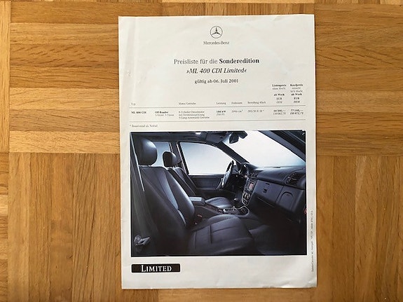 Hinnasto Mercedes W163 ML 400 CDI Limited 2001 - Esite M-sarja