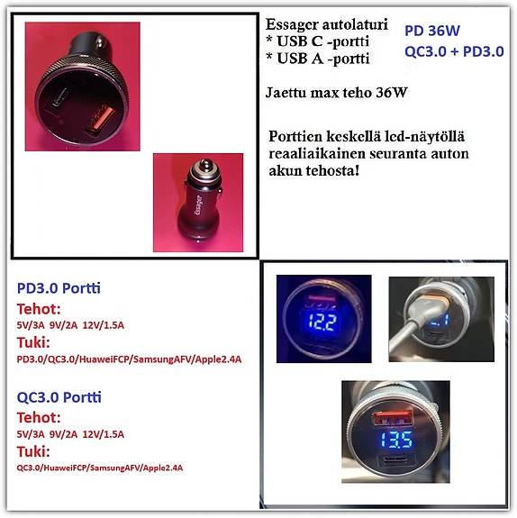 Essager USB-autolaturi - näytöllä akun jännite