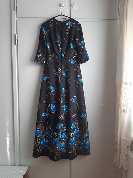 Vintage Kirjokangas Helsinki iltapuku juhlaleninki mekko 60-luku