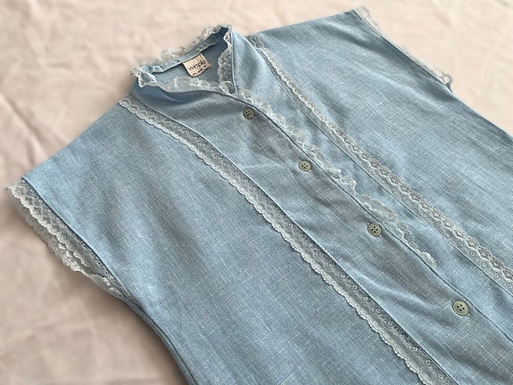 VINTAGE 70-luvun sininen lyhythihainen pitsikoristeinen paita 70s retro boho XS