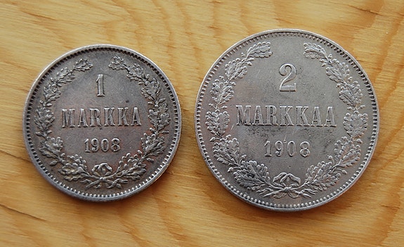 1 ja 2 Markka 1908 Hopeaa, Suomi