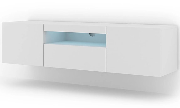 TV-taso AURA LED-valolla 150cm seinä-& lattia-asennus, valkoinen matta