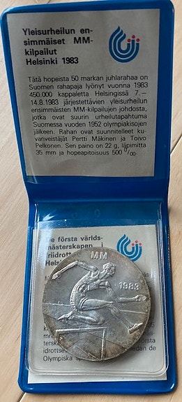 Yleisurheilun 1. MM-kisojen 1983 juhlaraha, 50mk hopeaa. Muovikotelossa.