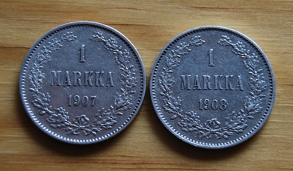 1 Markka 1907,1908 Hopeaa, Suomi