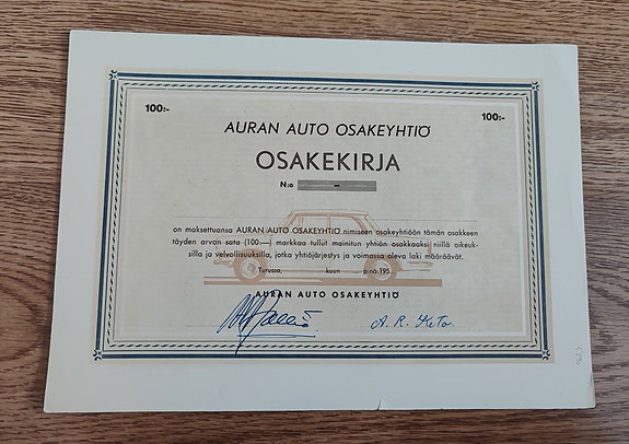 Auran Auto osakekirja 1950-luvulta