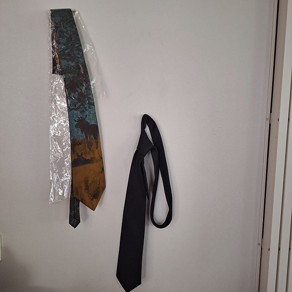 hirvikuvioinen silkkikravatti ja musta kravatti
