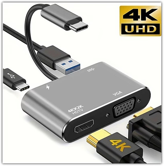 4-in-1 USB-C  -  HDMI & VGA & USB 3.0 & PD -adapteri