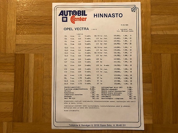 Hinnasto Opel Vectra A 1989 - esite