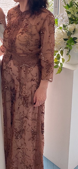 Juhlava designer-puku – jakku ja housuhame, käsintehty, uniikki!