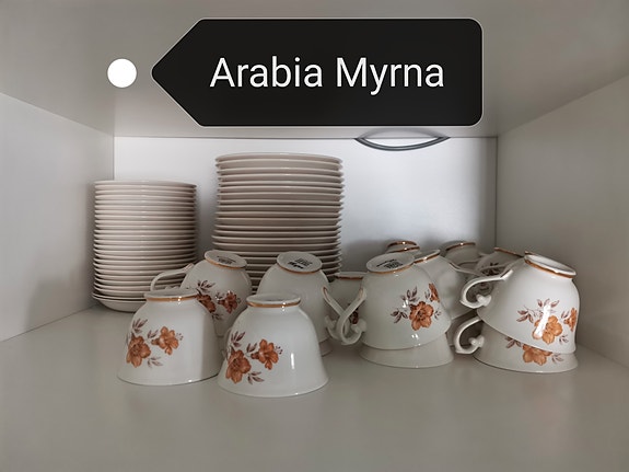 Juhlat tulossa? Arabian Myrna kahvikuppi, aluslautanen ja pullalautanen