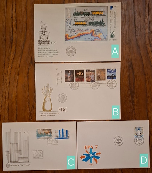 FDC 1987: Finlandia 88 - Rautatiepostinkuljetus; Maalaustaide; Europa; Fysiikka