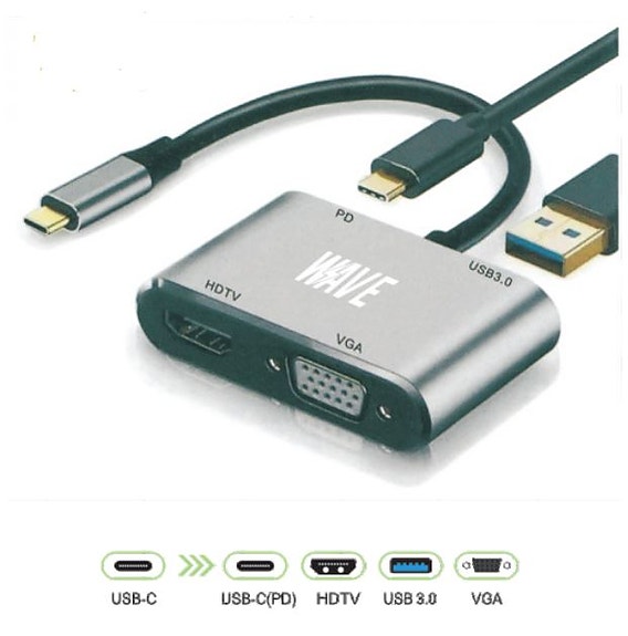 USB-C 4 in 1 Hubi: USB-C to HDMI+VGA+USB-A+USB-C PD, 4K