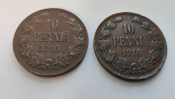 10 penniä kuparia vuodelta 1916 2 kpl, Nikolai II