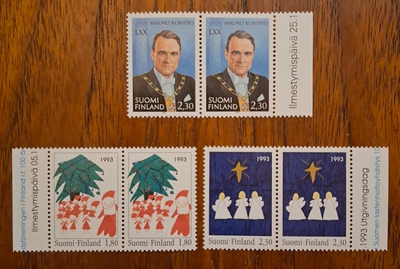 1993 postimerkkiparit: Presidentti Mauno Koivisto 70v ; Joulu