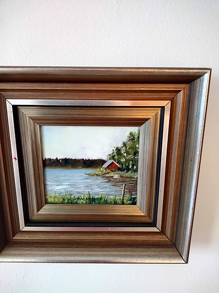 Palmun vintage öljyvärityö Punainen tupa ja perunamaa veden äärellä