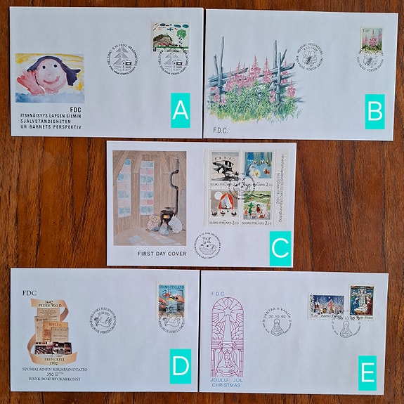 FDC 1992: mm. Itsenäisyys lapsen silmin; Maitohorsma; Muumit; Joulu