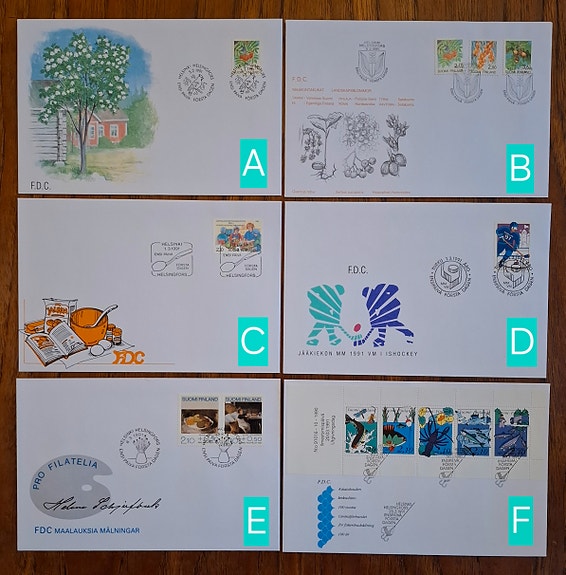 FDC 1991:mm. Maakuntakukat;Lätkän MM;Pro Filatelia - Helene Schjerfbeck;Kalastus