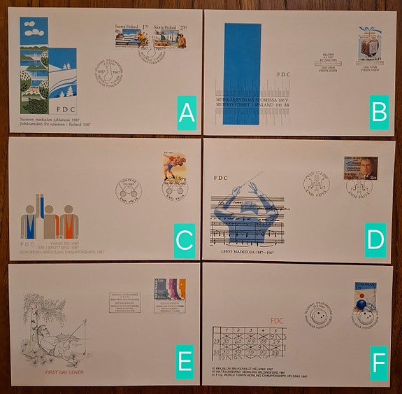 FDC 1987: mm. Suomen matkailu; Painin EM; Leevi Madetojan syntymästä 100v;