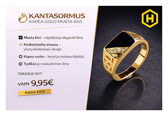 💍 Kantasormus Kapea Gold Musta Kivi