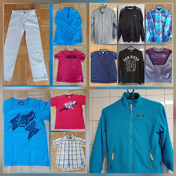 Valkoiset farkut 134, huppari, kauluspaita 134, fleecetakki 134, 140