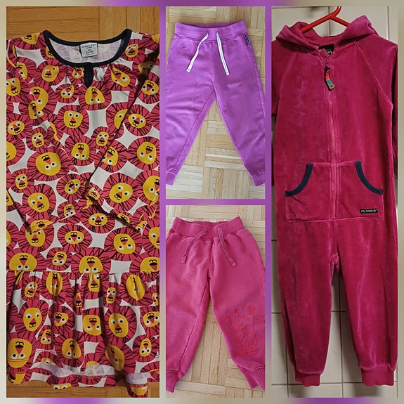 Polarn O Pyret mekko 104, Villervalla haalari 104 cm, P.O.P collegehousut 98