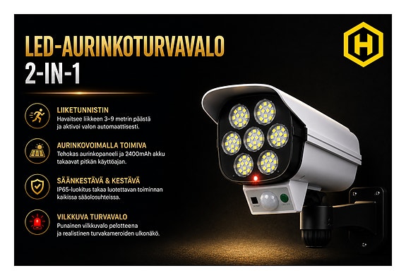 💡 LED-Aurinkoturvavalo 2-in-1 – Liiketunnistin & Vilkkuva Turvavalo
