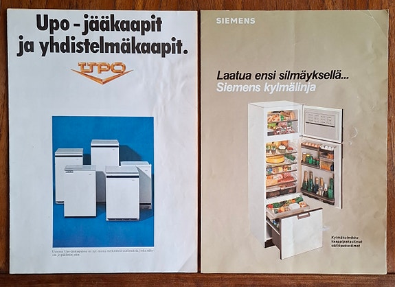 Vanhat Upo ja Siemens jääkaappi -esitteet 1970- ja 1980-luku