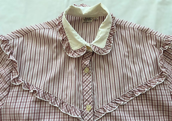 VINTAGE 70-luvun boho ruudullinen paita röyhelöpaita kauluspaita 70s 80s retro M