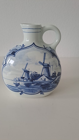 Vintage käsinmaalattu Delft-tuulimylly-karahvi/maljakko