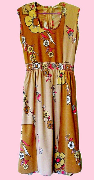 Harvinainen vintage 60-luvun Paganne kukkakuvioinen mekko, pinkki, beige, mokka