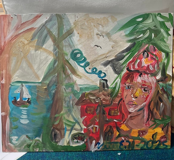 Akryylimaalaus 40x50 cm “Punainen mökki ja perunamaa” ohut canvas