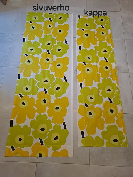 Marimekko , Unikko kangas, verho, kappa, salusiinit, pöytäliina, kelta-vihreä