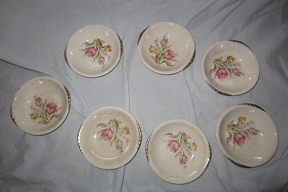 Paden City Pottery 7 kpl kulhoja/lautasia/teevateja Kukkia kullattuja 13,5 cm